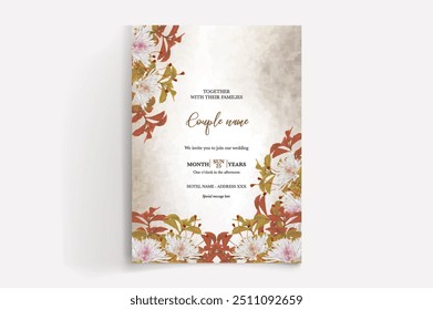 HOCHZEITSEINLADUNGSRAHMEN MIT BLUMENDEKORATIONEN MIT FRISCHEN BLÄTTERN
