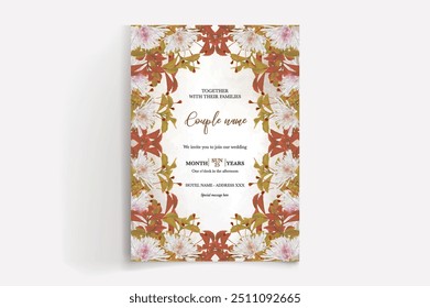 WEDDING INVITATION FRAME WITH FLOWER DECORATIONS WITH FRESH LEAVES