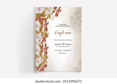 MARCO DE INVITACIÓN DE BODA CON DECORACIONES DE FLORES CON HOJAS FRESCAS