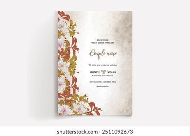 HOCHZEITSEINLADUNGSRAHMEN MIT BLUMENDEKORATIONEN MIT FRISCHEN BLÄTTERN