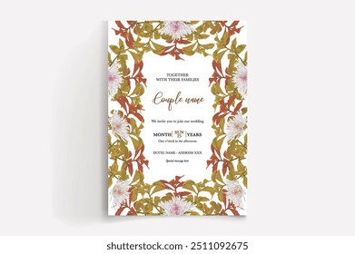 HOCHZEITSEINLADUNGSRAHMEN MIT BLUMENDEKORATIONEN MIT FRISCHEN BLÄTTERN