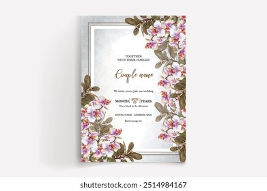 WEDDING INVITATION FRAME WITH FLOWER DECORATIONS WITH FRESH LEAVES