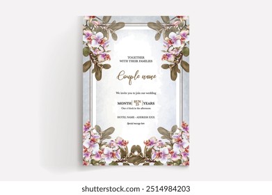 WEDDING INVITATION FRAME WITH FLOWER DECORATIONS WITH FRESH LEAVES