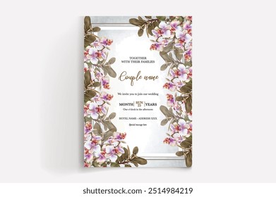 WEDDING INVITATION FRAME WITH FLOWER DECORATIONS WITH FRESH LEAVES