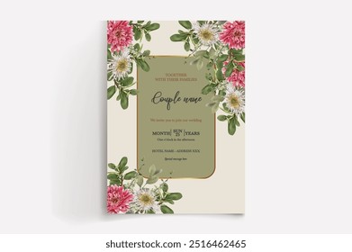 MARCO DE INVITACIÓN DE BODA CON DECORACIONES DE FLORES CON HOJAS FRESCAS
