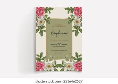 MARCO DE INVITACIÓN DE BODA CON DECORACIONES DE FLORES CON HOJAS FRESCAS