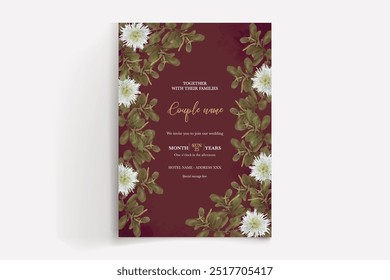 MARCO DE INVITACIÓN DE BODA CON DECORACIONES DE FLORES CON HOJAS FRESCAS