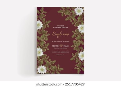 WEDDING INVITATION FRAME WITH FLOWER DECORATIONS WITH FRESH LEAVES