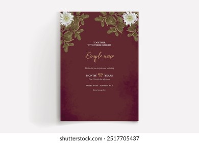 QUADRO DE CONVITE DE CASAMENTO COM DECORAÇÕES DE FLORES COM FOLHAS FRESCAS