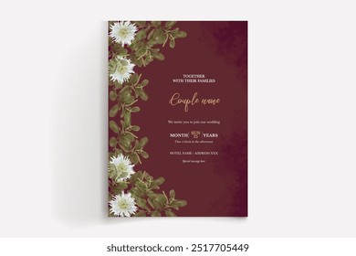 MARCO DE INVITACIÓN DE BODA CON DECORACIONES DE FLORES CON HOJAS FRESCAS
