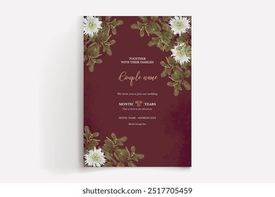 WEDDING INVITATION FRAME WITH FLOWER DECORATIONS WITH FRESH LEAVES