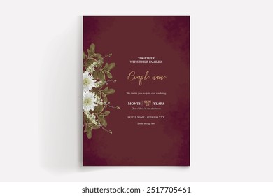 MARCO DE INVITACIÓN DE BODA CON DECORACIONES DE FLORES CON HOJAS FRESCAS
