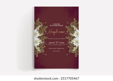 WEDDING INVITATION FRAME WITH FLOWER DECORATIONS WITH FRESH LEAVES