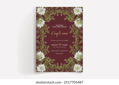 MARCO DE INVITACIÓN DE BODA CON DECORACIONES DE FLORES CON HOJAS FRESCAS