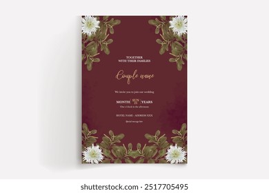 QUADRO DE CONVITE DE CASAMENTO COM DECORAÇÕES DE FLORES COM FOLHAS FRESCAS