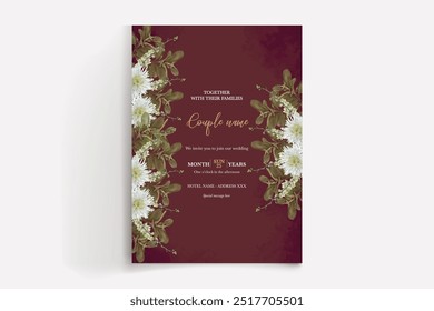 MARCO DE INVITACIÓN DE BODA CON DECORACIONES DE FLORES CON HOJAS FRESCAS