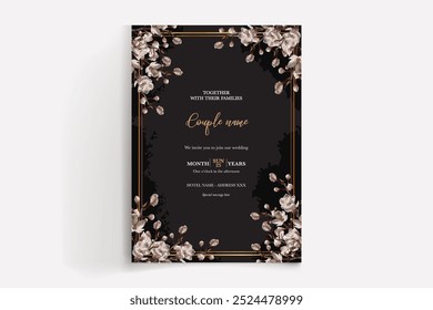 HOCHZEITSEINLADUNGSRAHMEN MIT BLUMENDEKORATIONEN MIT FRISCHEN BLÄTTERN