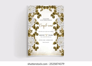 WEDDING INVITATION FRAME WITH FLOWER DECORATIONS WITH FRESH LEAVES 