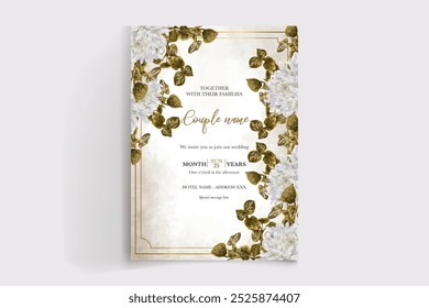 WEDDING INVITATION FRAME WITH FLOWER DECORATIONS WITH FRESH LEAVES 