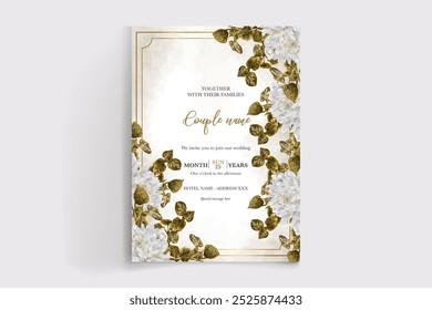 HOCHZEITSEINLADUNGSRAHMEN MIT BLUMENDEKORATIONEN MIT FRISCHEN BLÄTTERN 