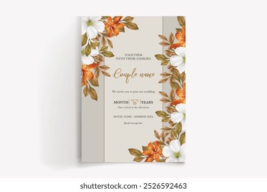 QUADRO DE CONVITE DE CASAMENTO COM DECORAÇÕES DE FLORES COM FOLHAS FRESCAS 