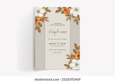 QUADRO DE CONVITE DE CASAMENTO COM DECORAÇÕES DE FLORES COM FOLHAS FRESCAS 