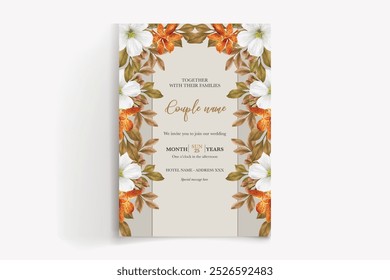 WEDDING INVITATION FRAME WITH FLOWER DECORATIONS WITH FRESH LEAVES 