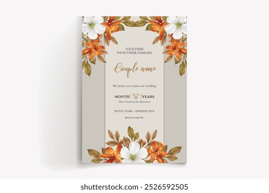 WEDDING INVITATION FRAME WITH FLOWER DECORATIONS WITH FRESH LEAVES 