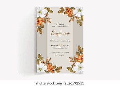 WEDDING INVITATION FRAME WITH FLOWER DECORATIONS WITH FRESH LEAVES 
