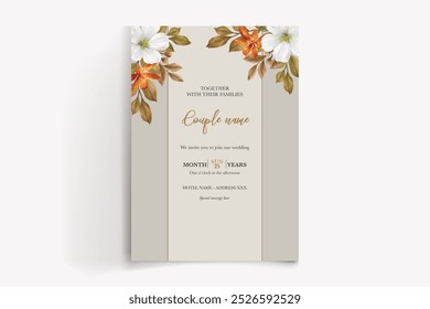 WEDDING INVITATION FRAME WITH FLOWER DECORATIONS WITH FRESH LEAVES 
