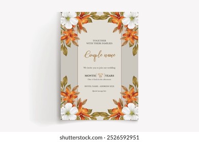 WEDDING INVITATION FRAME WITH FLOWER DECORATIONS WITH FRESH LEAVES 