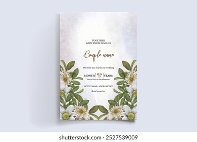 WEDDING INVITATION FRAME WITH FLOWER DECORATIONS WITH FRESH LEAVES 
