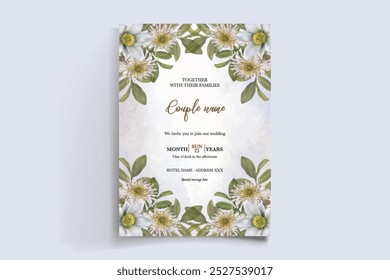 WEDDING INVITATION FRAME WITH FLOWER DECORATIONS WITH FRESH LEAVES 