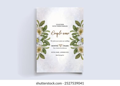 WEDDING INVITATION FRAME WITH FLOWER DECORATIONS WITH FRESH LEAVES 