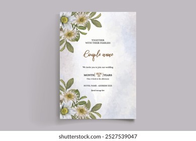 WEDDING INVITATION FRAME WITH FLOWER DECORATIONS WITH FRESH LEAVES 