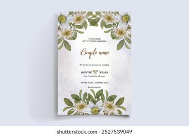 WEDDING INVITATION FRAME WITH FLOWER DECORATIONS WITH FRESH LEAVES 