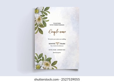 WEDDING INVITATION FRAME WITH FLOWER DECORATIONS WITH FRESH LEAVES 