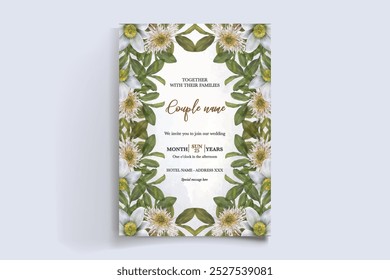 QUADRO DE CONVITE DE CASAMENTO COM DECORAÇÕES DE FLORES COM FOLHAS FRESCAS 