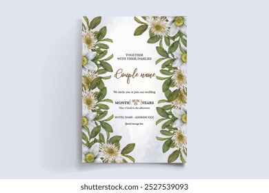 WEDDING INVITATION FRAME WITH FLOWER DECORATIONS WITH FRESH LEAVES 