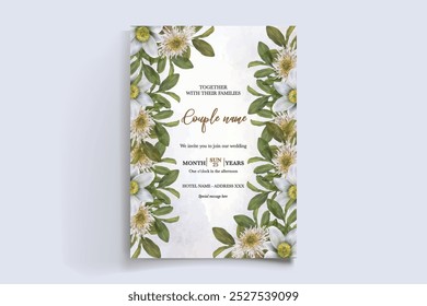 HOCHZEITSEINLADUNGSRAHMEN MIT BLUMENDEKORATIONEN MIT FRISCHEN BLÄTTERN 
