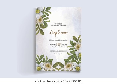 WEDDING INVITATION FRAME WITH FLOWER DECORATIONS WITH FRESH LEAVES 
