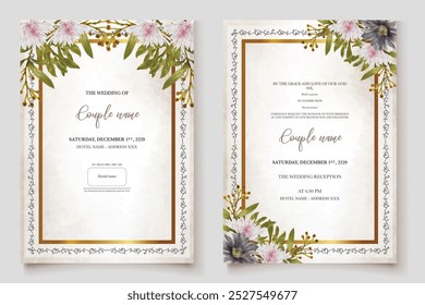 QUADRO DE CONVITE DE CASAMENTO COM DECORAÇÕES DE FLORES COM FOLHAS FRESCAS 