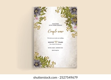 HOCHZEITSEINLADUNGSRAHMEN MIT BLUMENDEKORATIONEN MIT FRISCHEN BLÄTTERN 