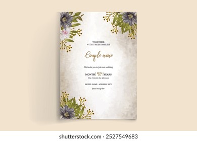 WEDDING INVITATION FRAME WITH FLOWER DECORATIONS WITH FRESH LEAVES 