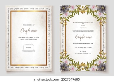 QUADRO DE CONVITE DE CASAMENTO COM DECORAÇÕES DE FLORES COM FOLHAS FRESCAS 