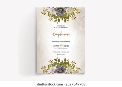 WEDDING INVITATION FRAME WITH FLOWER DECORATIONS WITH FRESH LEAVES 