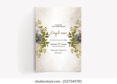WEDDING INVITATION FRAME WITH FLOWER DECORATIONS WITH FRESH LEAVES 