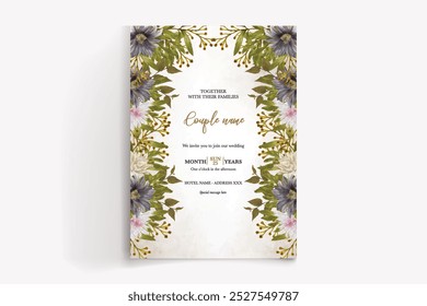 HOCHZEITSEINLADUNGSRAHMEN MIT BLUMENDEKORATIONEN MIT FRISCHEN BLÄTTERN 