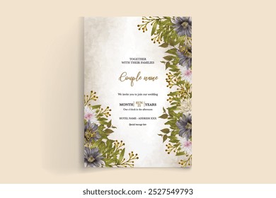 WEDDING INVITATION FRAME WITH FLOWER DECORATIONS WITH FRESH LEAVES 