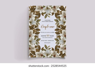 WEDDING INVITATION FRAME WITH FLOWER DECORATIONS WITH FRESH LEAVES 
